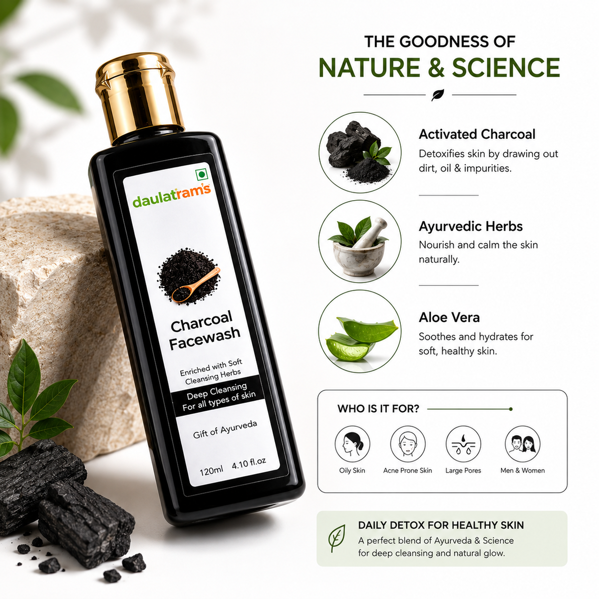 Charcoal Facewash ingredients: activated charcoal, Ayurvedic herbs and aloe vera — for oily skin, acne-prone skin, large pores, men and women