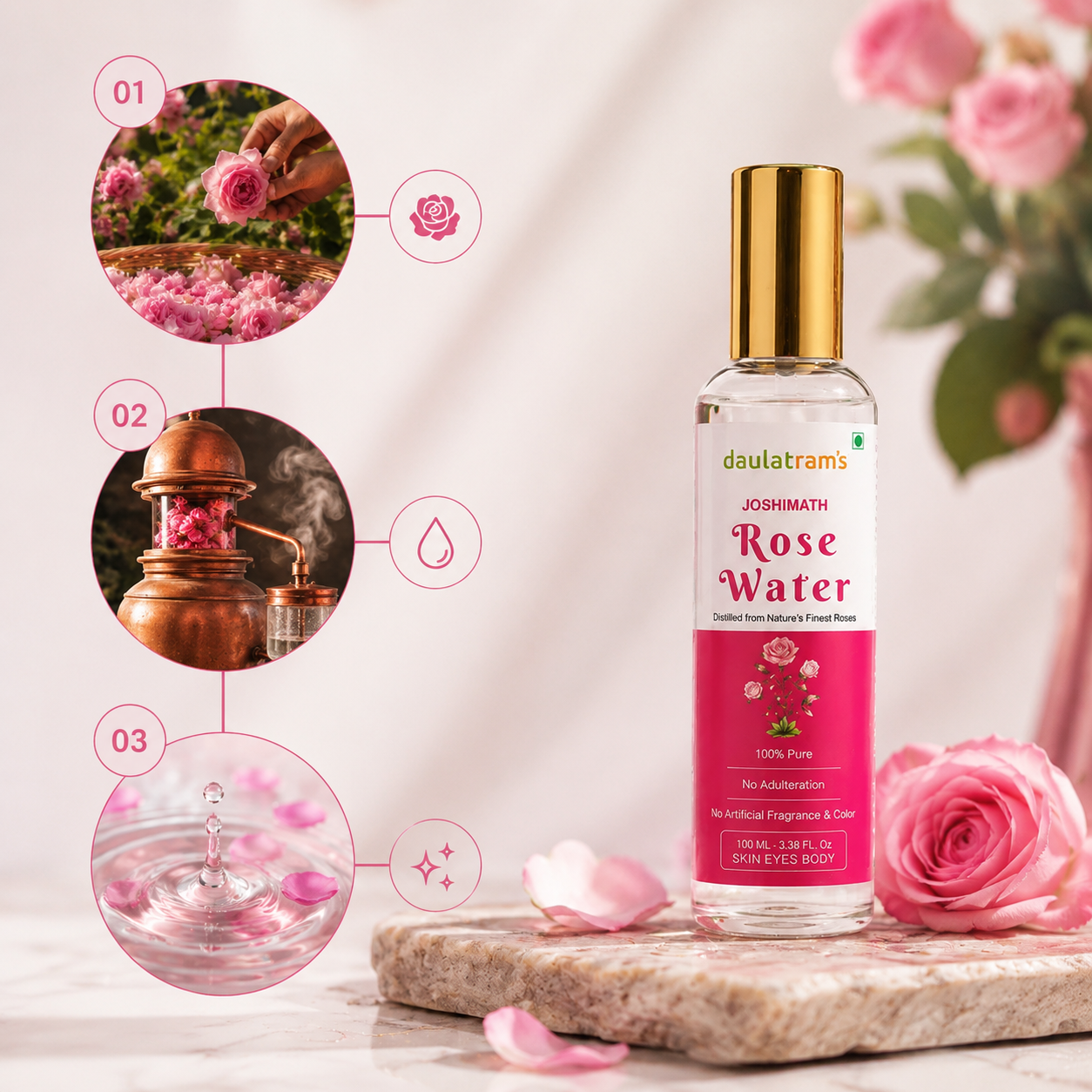 Handpicked Damask roses, copper still distillation and pure rose water — the Pahadi source