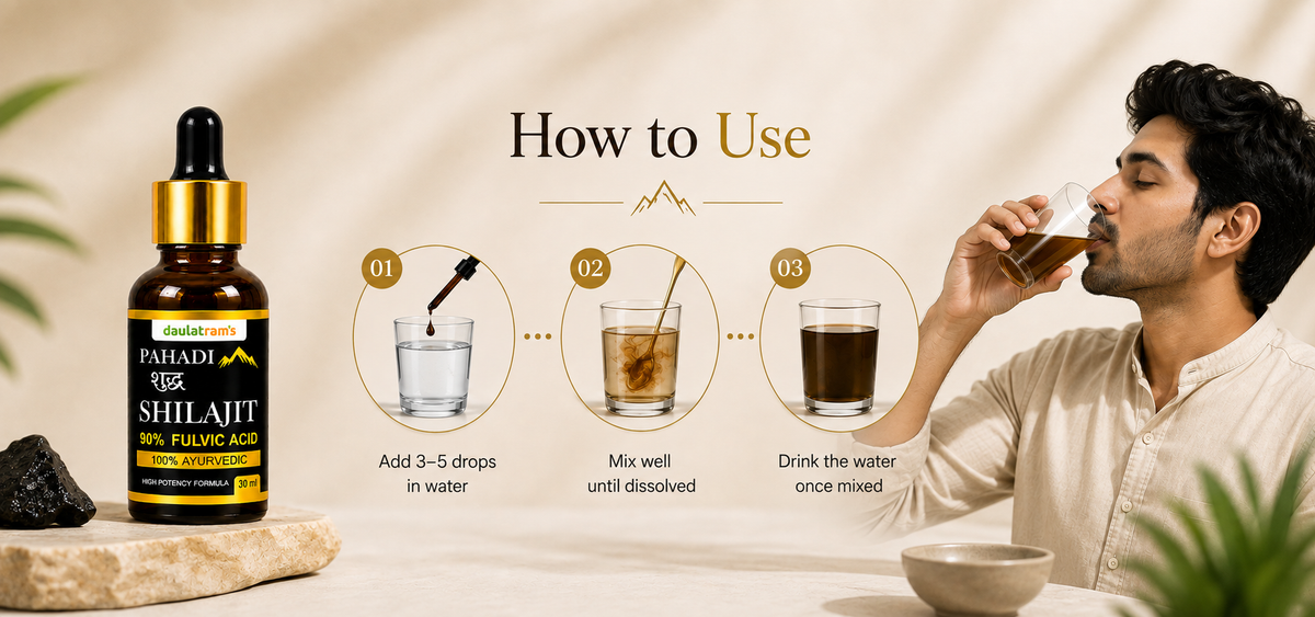 How to use Daulatram's Pahadi Shilajit: add 3-5 drops in water, mix well until dissolved, drink once mixed